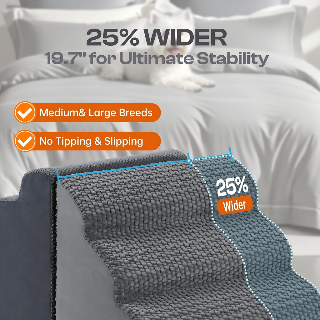 Extra Wide Dog Stairs for Bed and Couch, 4-Step Foam Ramp for Dogs