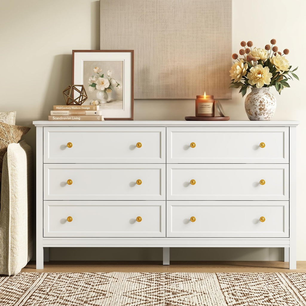 White, 55" Modern with 6 Drawers Gold Handles