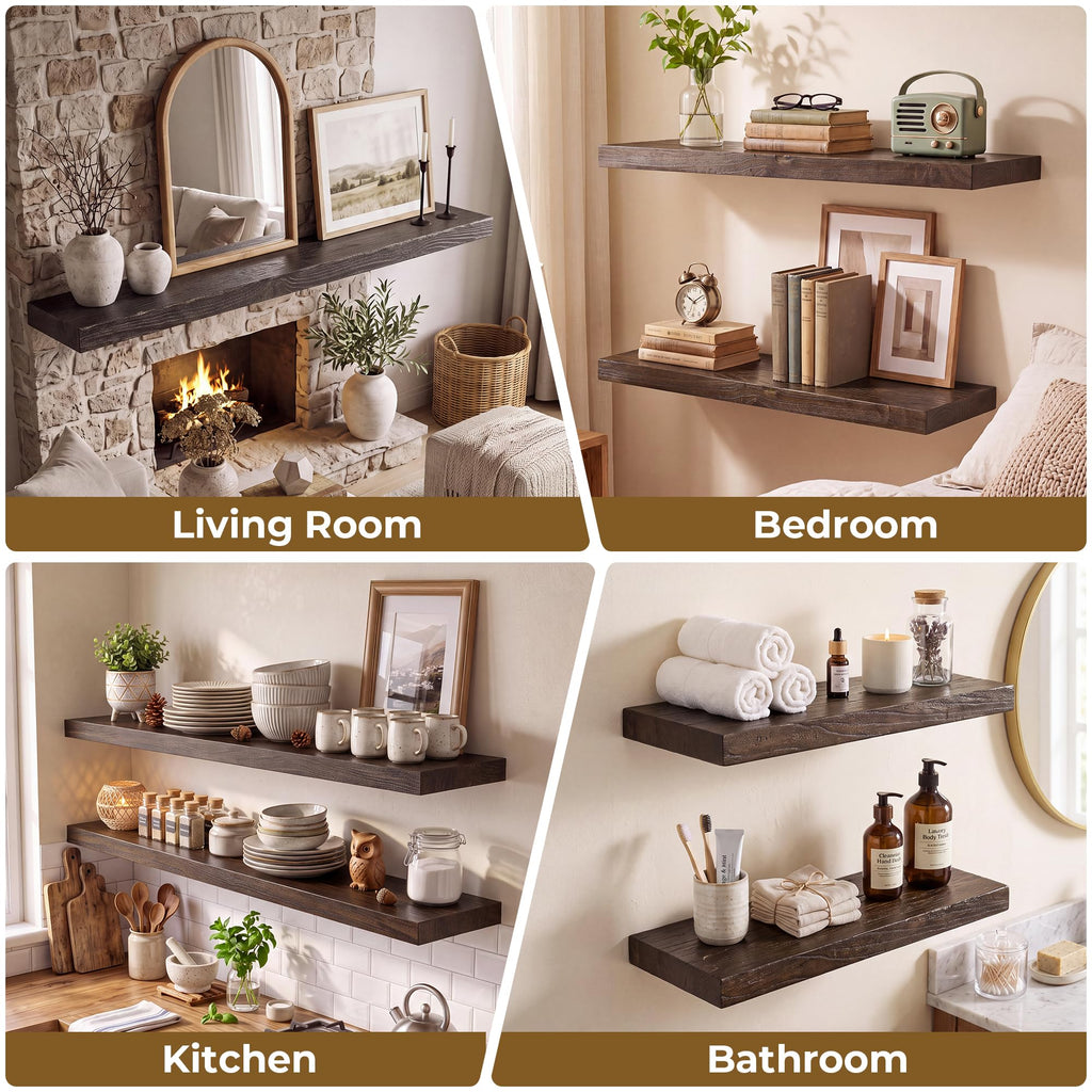 Elm Floating Shelves for Wall - 22" W x 9.3" D Rustic Solid Wood Shelves with Invisible Bracket, Wall-Mounted Storage