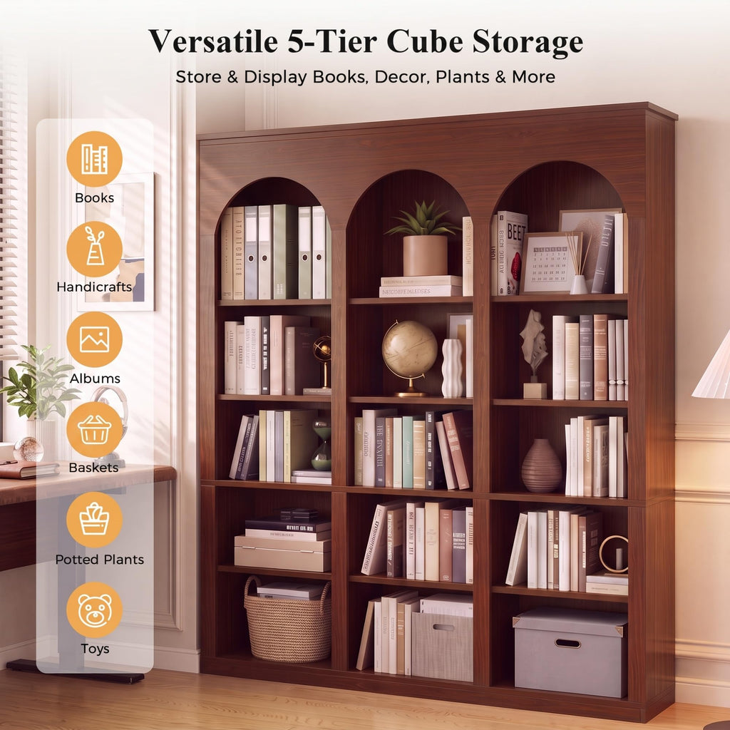 71" Triple Arched Bookcase, Tall Bookshelf with Shelves, Cherry