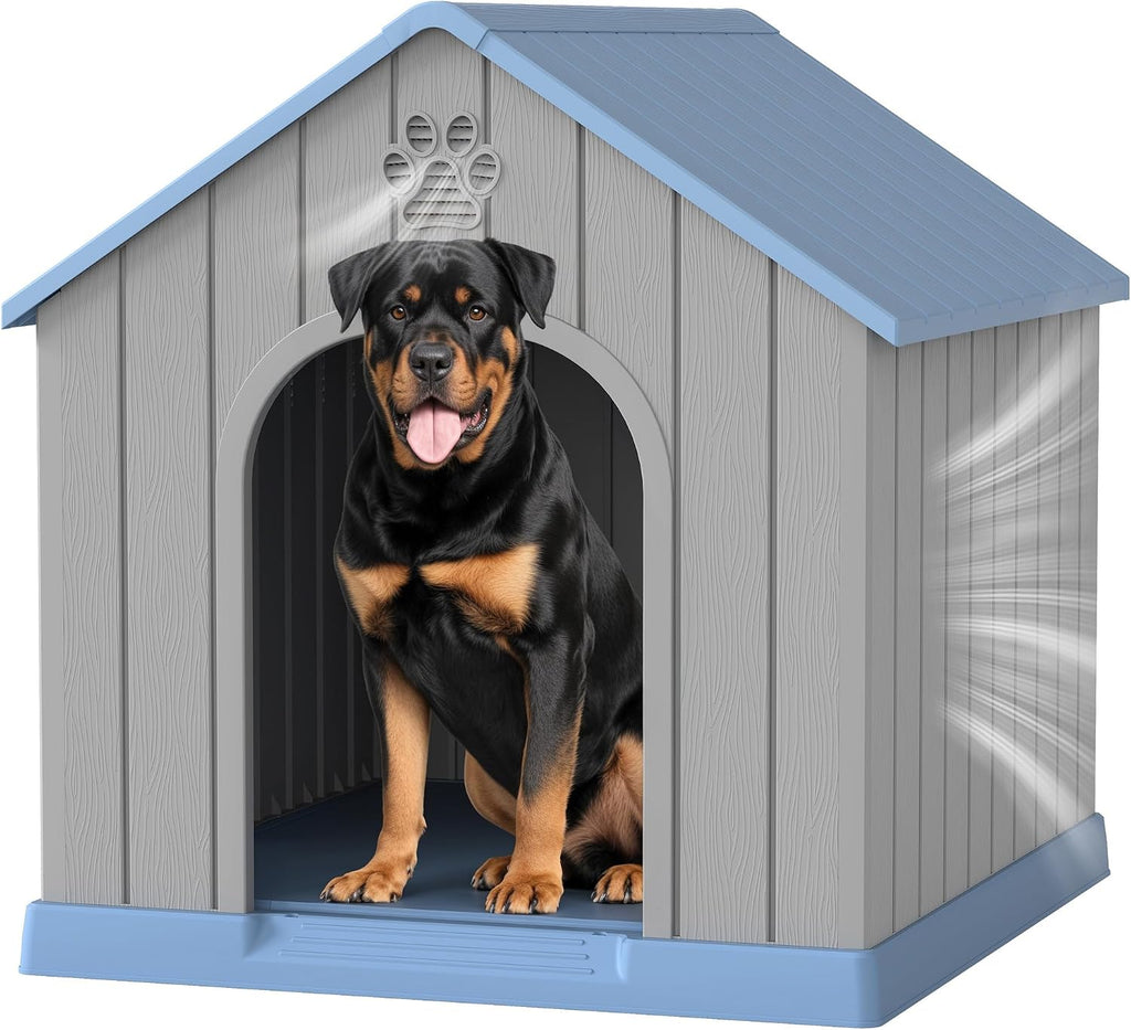 Large Dog House for Outdoor & Indoor, Waterproof Puppy Shelter with Air Vents & Elevated Floor, Easy Assemble Sturdy
