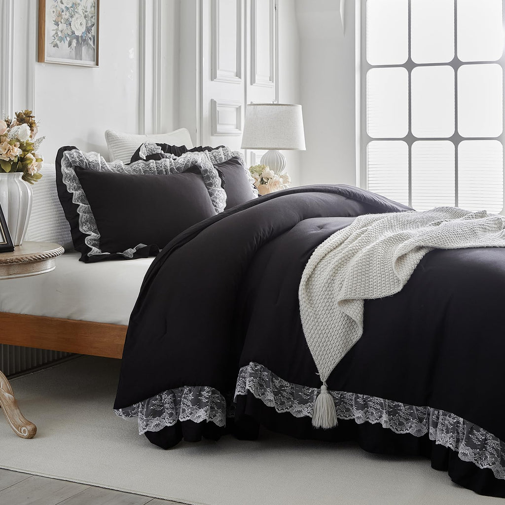 Queen Size Comforter Set Black, 3pcs Lace Ruffled Bedding Comforter Set, Microfiber Vintage Gothic Boho Chic Bedding