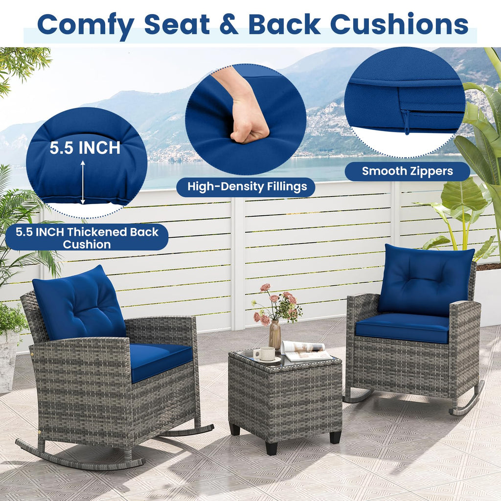 3 Piece Wicker Rocking Set, Patio Rattan Roker Chairs with Tempered Glass Table & Soft Cushions, Outdoor Furniture