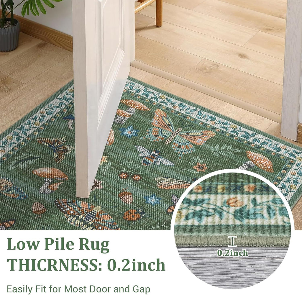 Mushroom Insect 8ft Round Rug Washable Non-Slip Soft Ultra-Thin Large Boho Circle Carpet for Entrywa