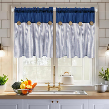 Farmhouse Curtains, Boho Bedroom Curtains with Rustic Buttons, Cotton Linen Back Tab Drapes Blue Striped Light