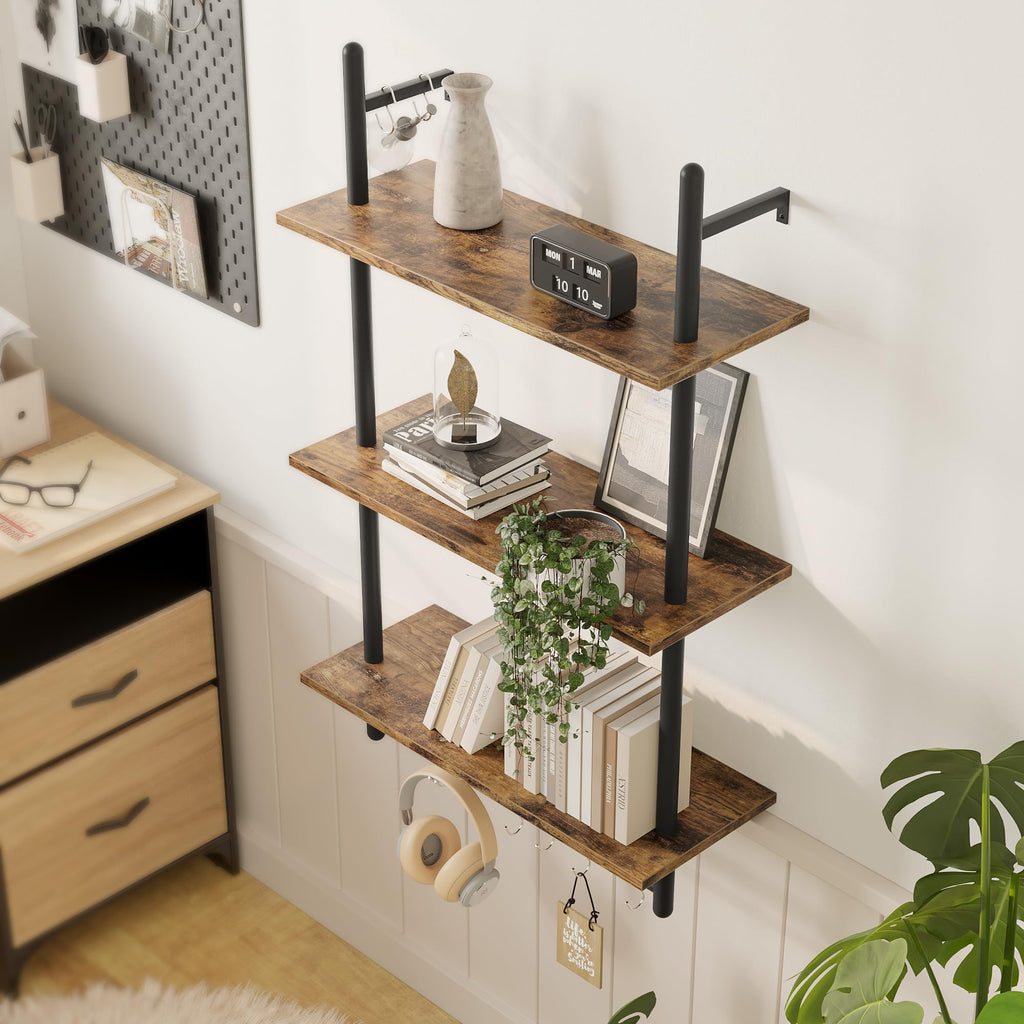 24 Inch 3 Tier Industrial Pipe Shelves with Towel Bar, Rustic Brown