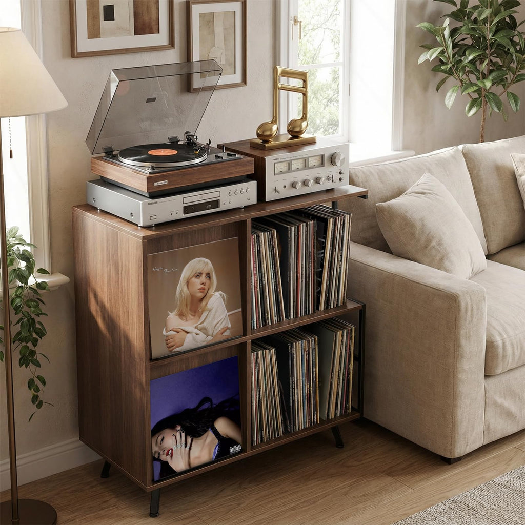 3 Tier Record Player Stand with Flip-Down Record Shelf, Walnut