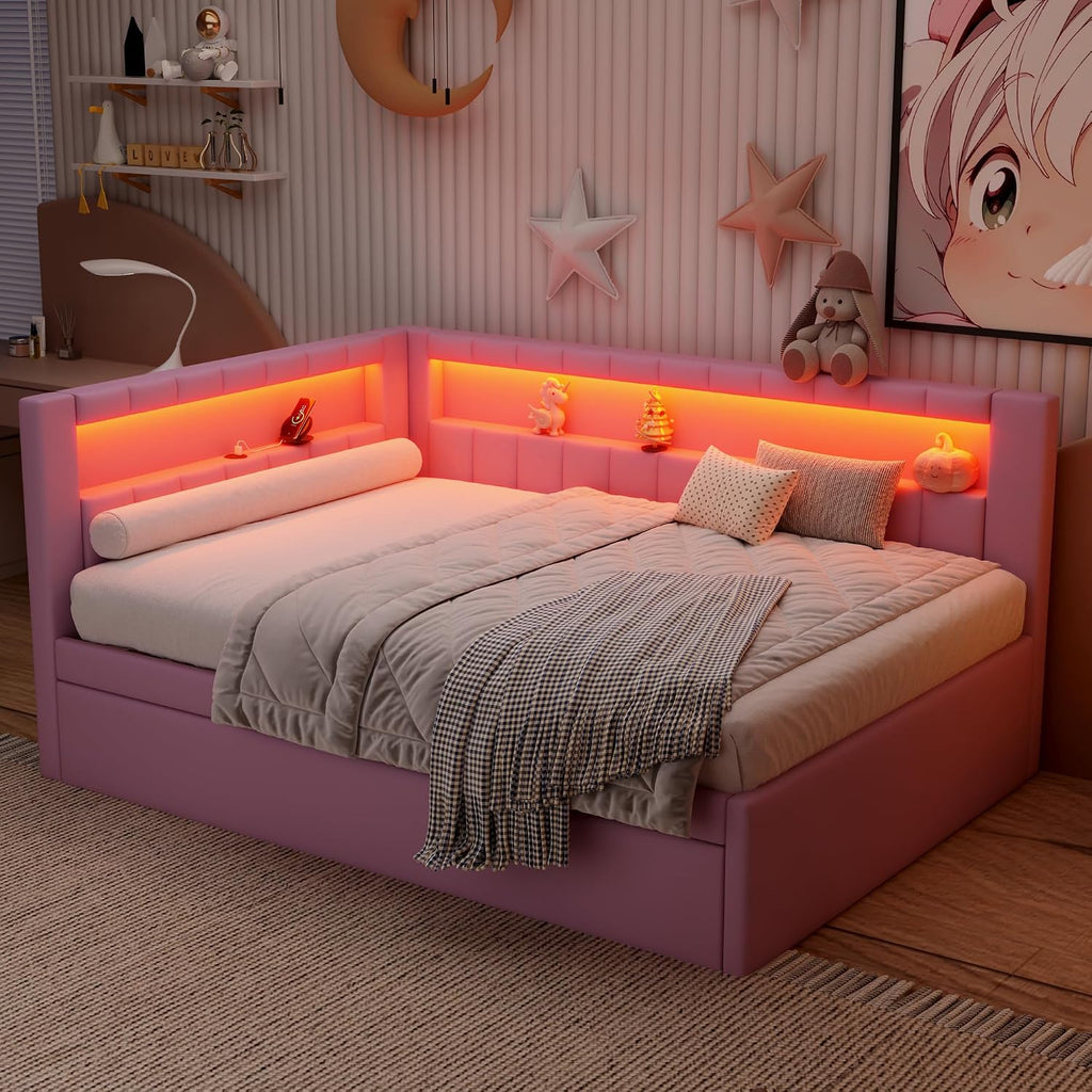 Full Size Upholstered Daybed with Trundle for Kids Bedroom,Super Cute Wooden Bedframe w/Led & USB Ports Design,Easy