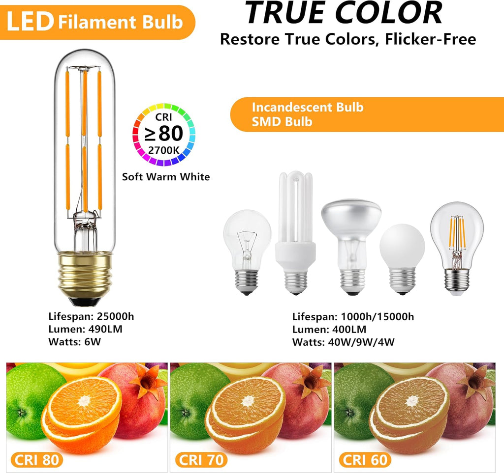 T10 E26 LED Bulb 60W Equivalent 2700K Dimmable, 6 Pack