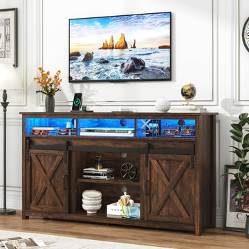 LED Farmhouse TV Stand for 65 inch TVs, Rustic Entertainment Center TV Cabinet Stands with Power Outlets, Wooden