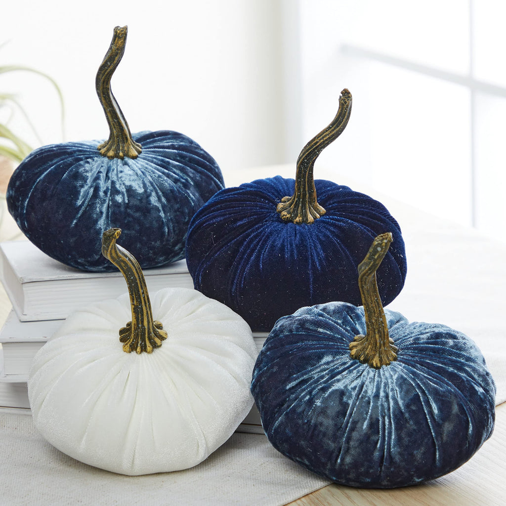 Set of 4 Small Velvet Pumpkins (Sm 2Indigo Navy Ivory)
