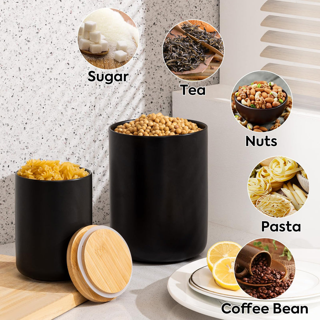 Black Ceramic Canister Set -Set of 3 Kitchen Canisters for Countertop with Airtight Wood Lids, Large Kitchen Storage