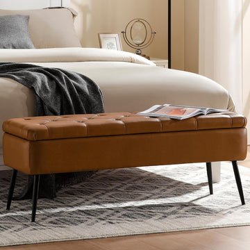 Leather Storage Ottoman Bench, End of Bed Bench with Steel Legs | Brown Leather Button Tufted Design | 660 lb