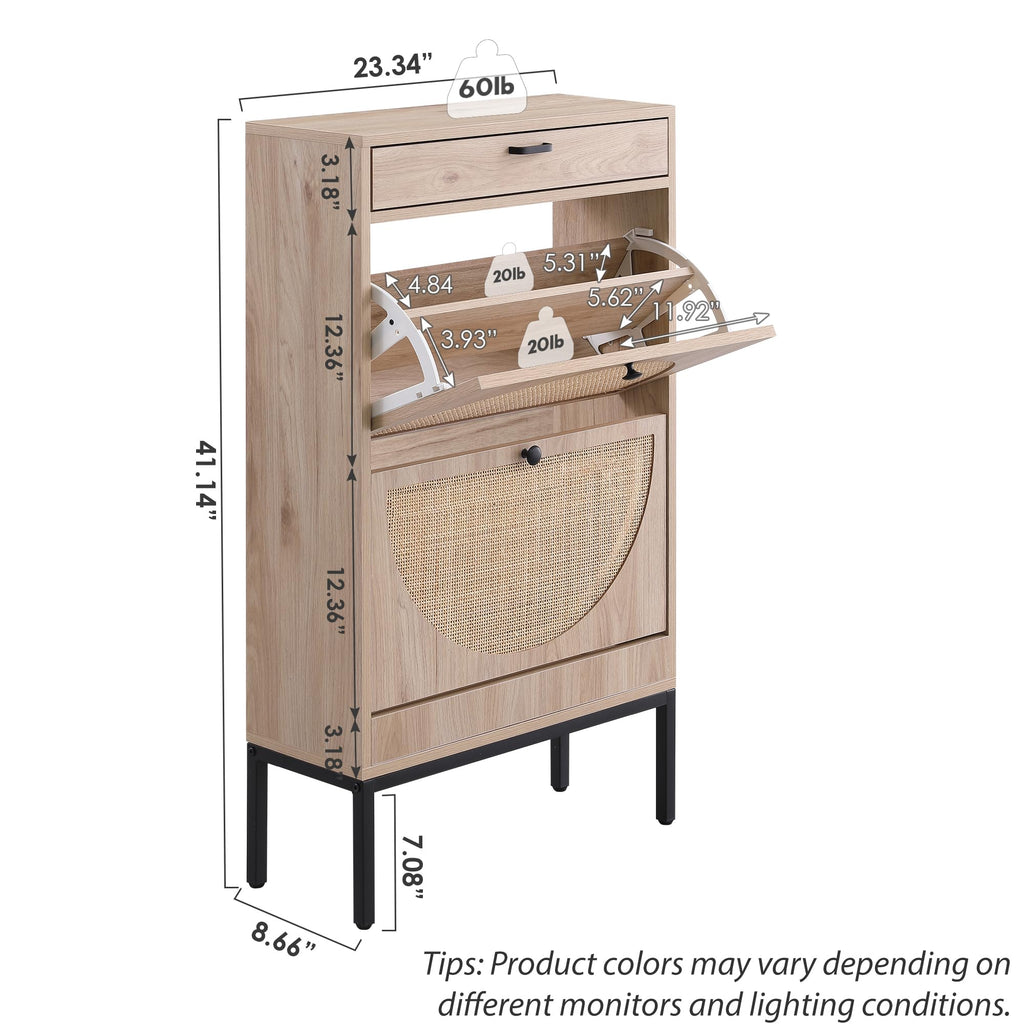 Shoe Cabinet, Natural Semi Circle Rattan Shoe Storage Organizer Cabinet with 2 Flip Drawers, Freestanding Shoe Rack