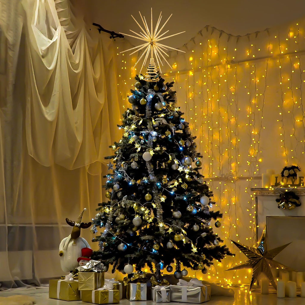 13.7 Inch Gold Christmas Tree Topper - 3D Burst Gold Tree Topper, Exploding Star Christmas Tree New Year Holiday Tree