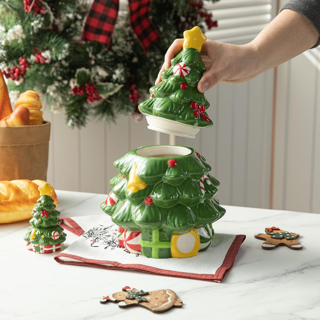 Dolomite Ceramic Cookie Jars, Christmas Tree Ceramic Cookie & Candy Jars with Airtight Lids, Used to Kitchen - Set of 2
