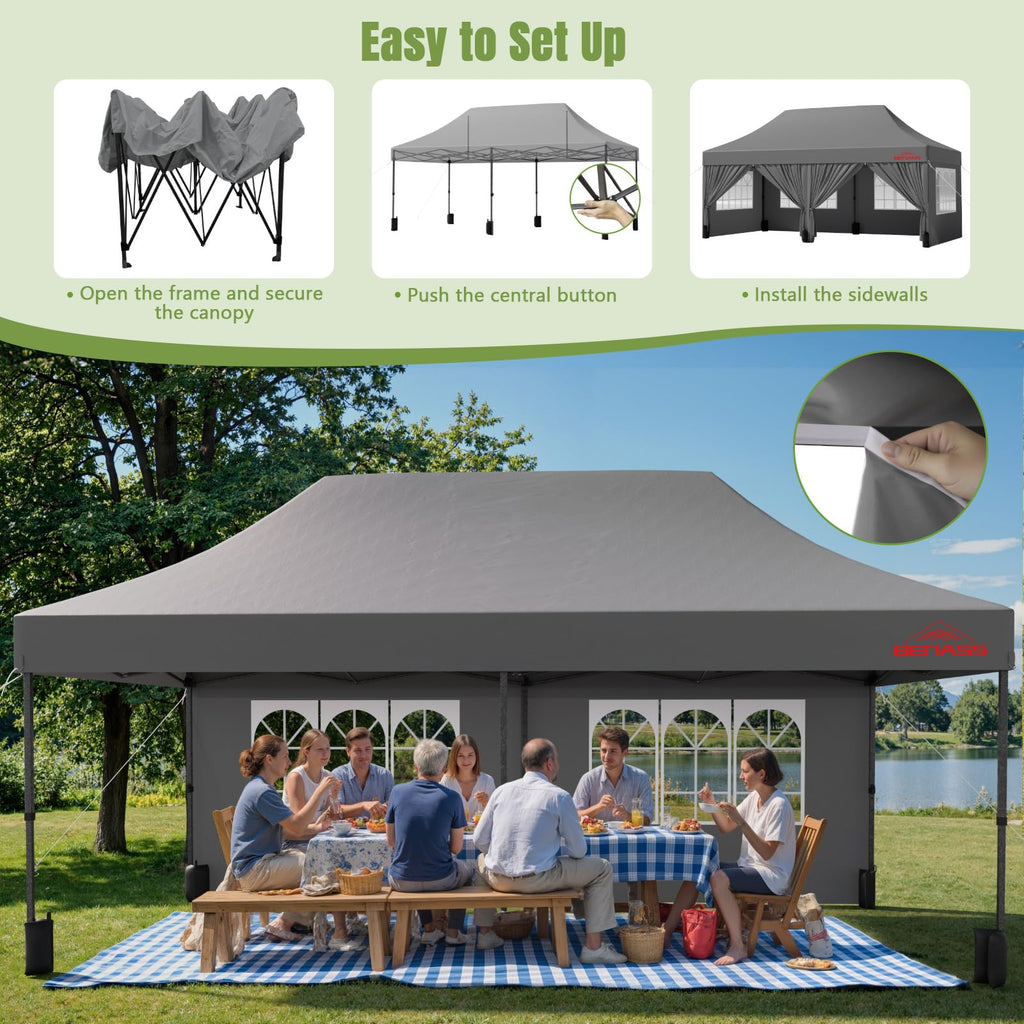 10x20 Heavy Duty Commercial Pop Up Canopy with Sidewalls, Grey