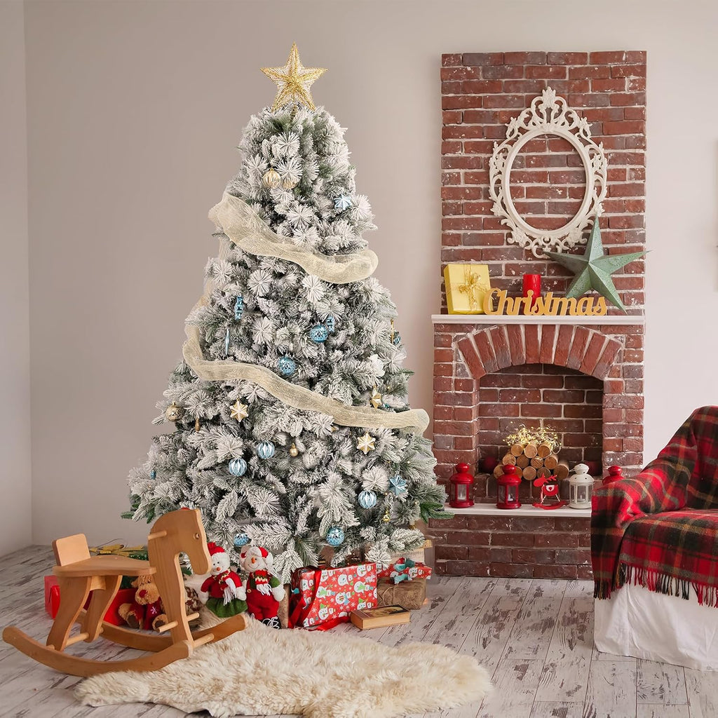 7ft Snow-Flocked Artificial Christmas Tree, LED pre-lit Holiday Xmas Tree Party Decoration with 1100 PE&PVC Hinged