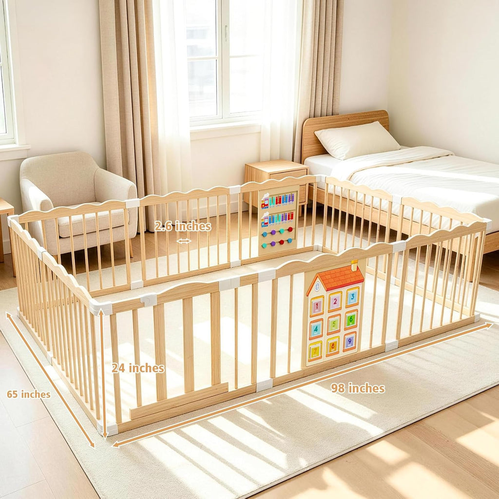 Wooden Baby Playpen with Built-in Activity Panel, 50x65x24In
