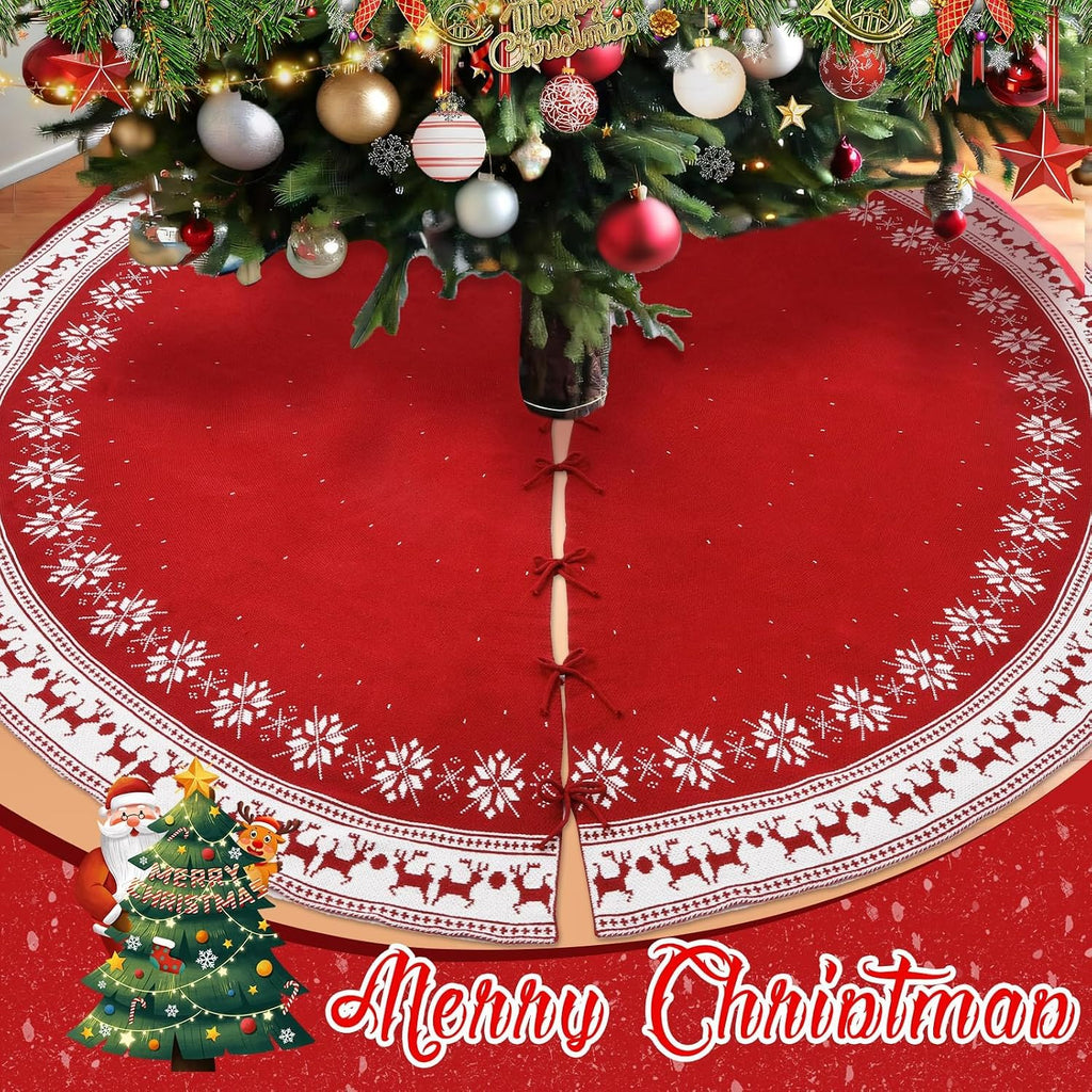72 Inch Red Christmas Tree Skirt for 7.5 ft to 12ft Tree, Extra Large Vintage Christmas Knitted Tree Skirt Snowflake