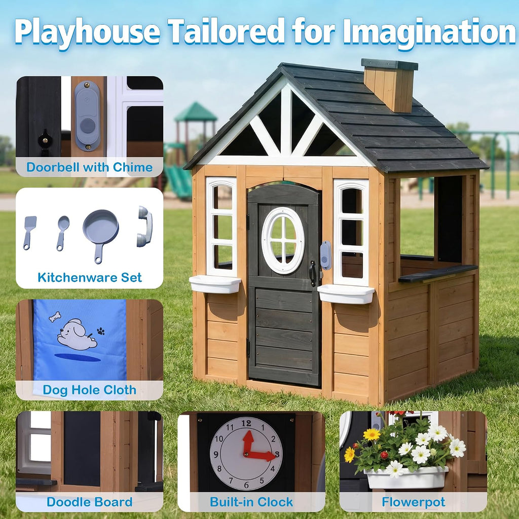 Kids Outdoor Playhouse, 9-in-1 Cedar Wooden Playhouse with Kitchen Set, Snack Bar, Dog Door, Working Doorbell, Toy