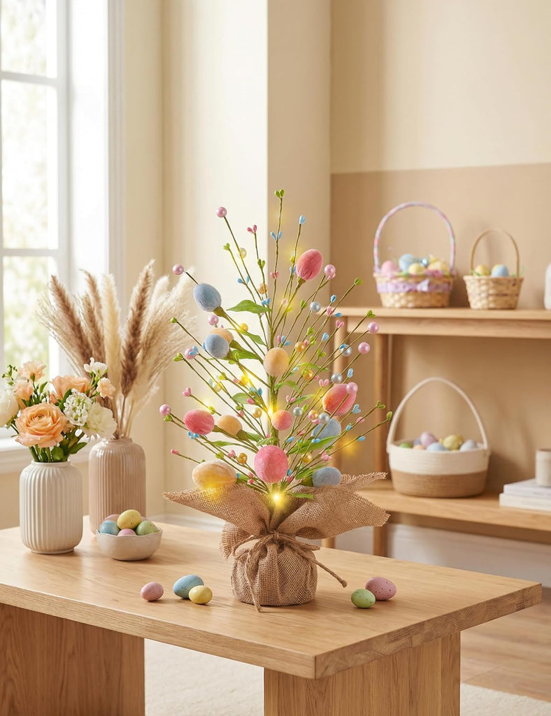 Easter Table Decorations, 18 Inch Easter Egg Tree Decorations, Centerpieces for Tables with Pastel Felt Eggs, Spring