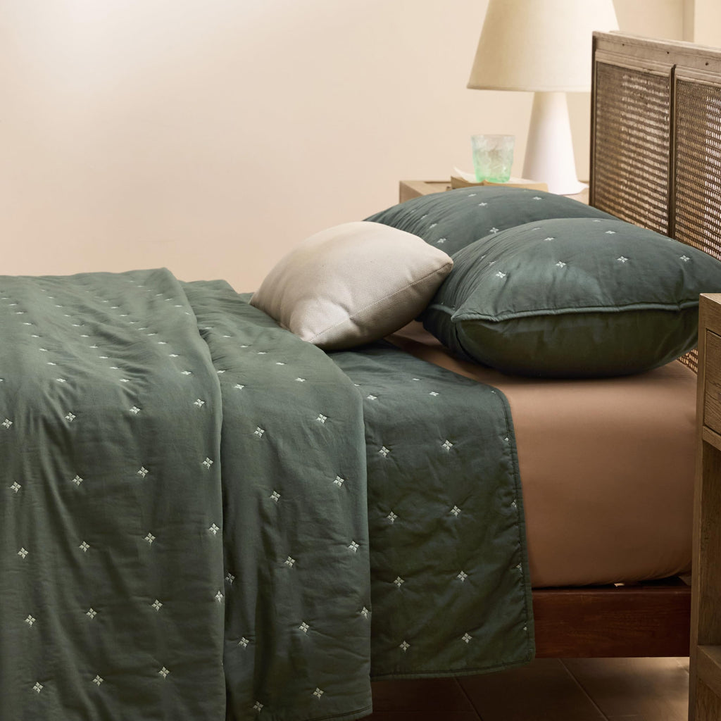PureWoven 100% Cotton Quilt Set, Embroidery, Olive Sage