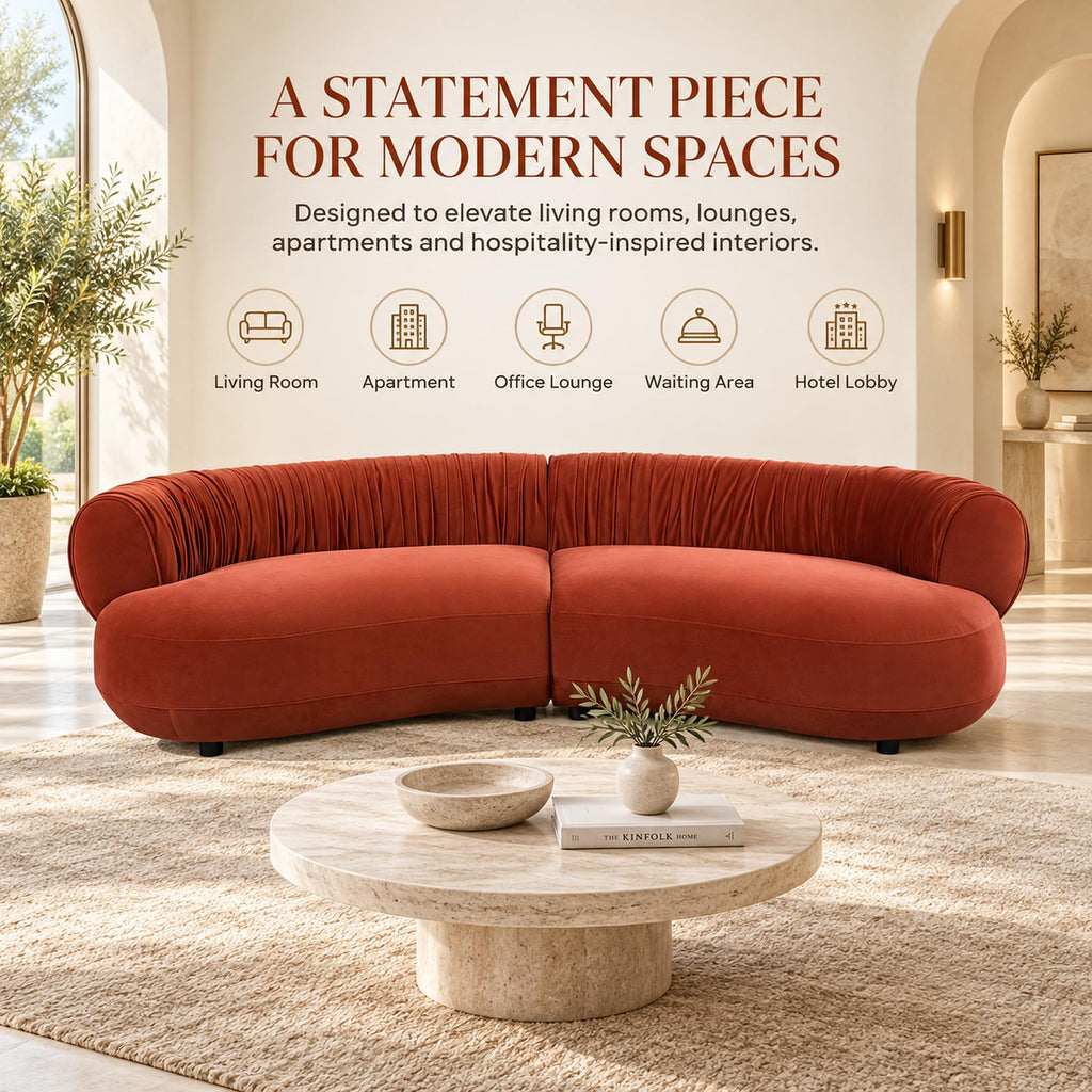 102.36" Curved Sectional, Orange Red Velvet 4-Seat Couch