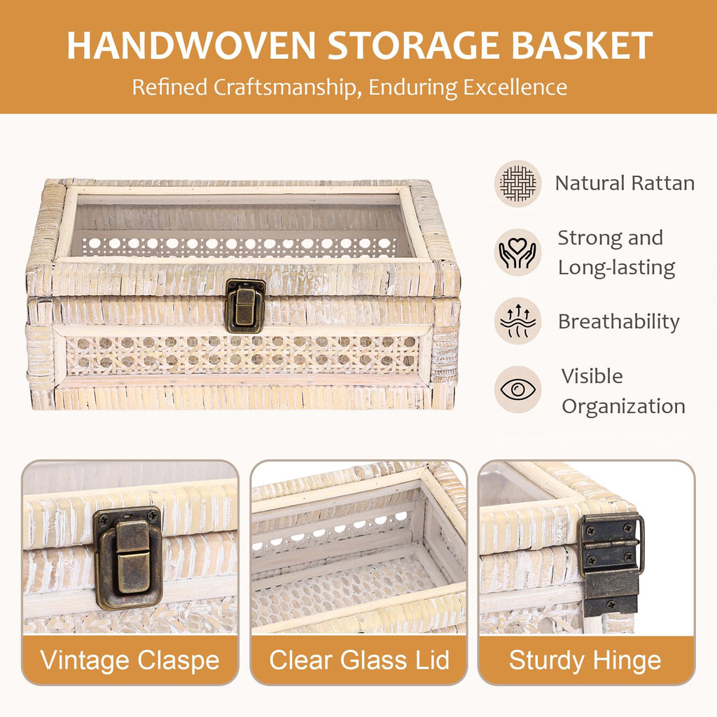 Decorative Storage Basket with Lid Handwoven Rattan Box, 11"x7.1"x4"