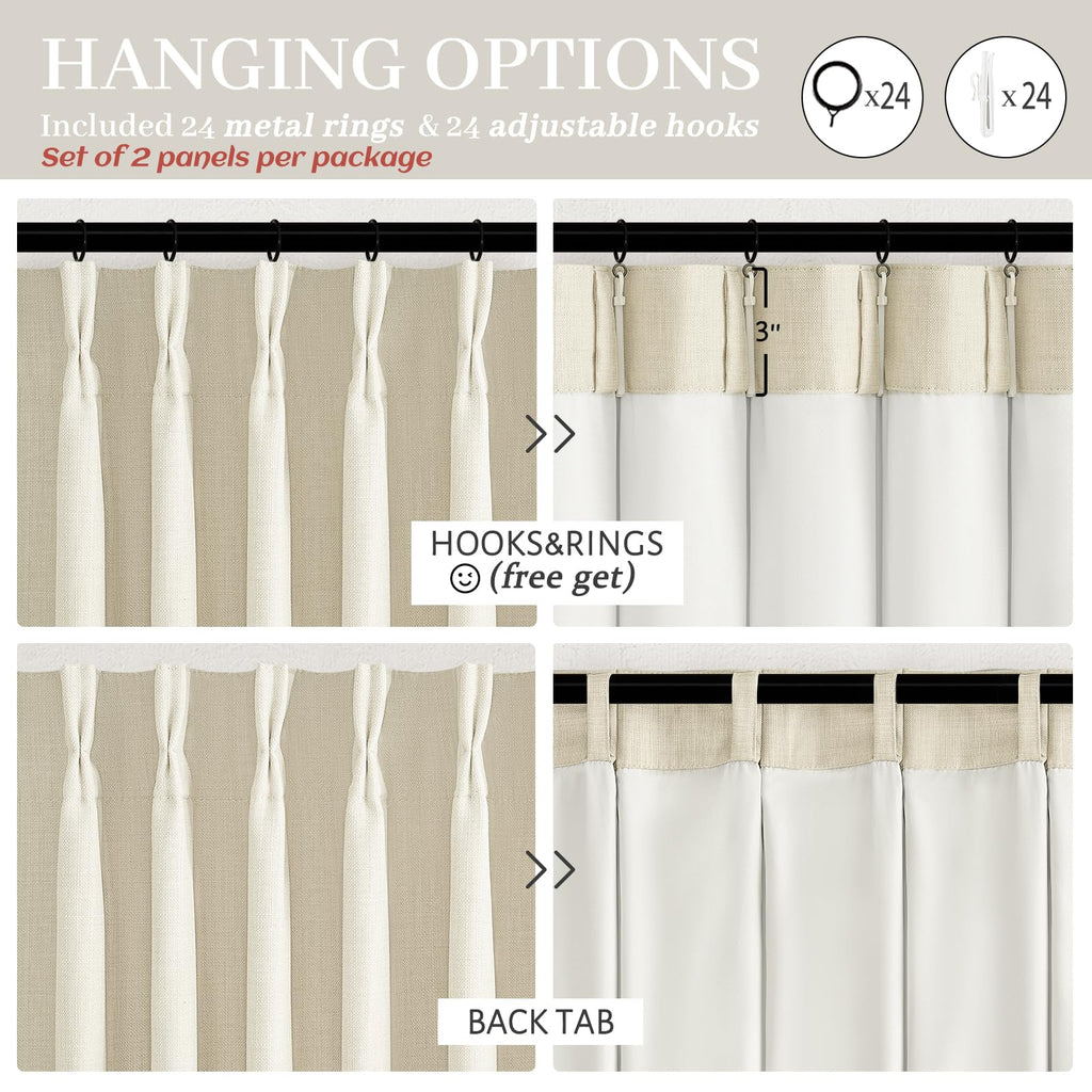 70 Inch Extra Wide Pinch Pleated Curtains 84 Inches Long 2 Panels Set, Cream Memory Shape Pleat Blackout Dual Layer