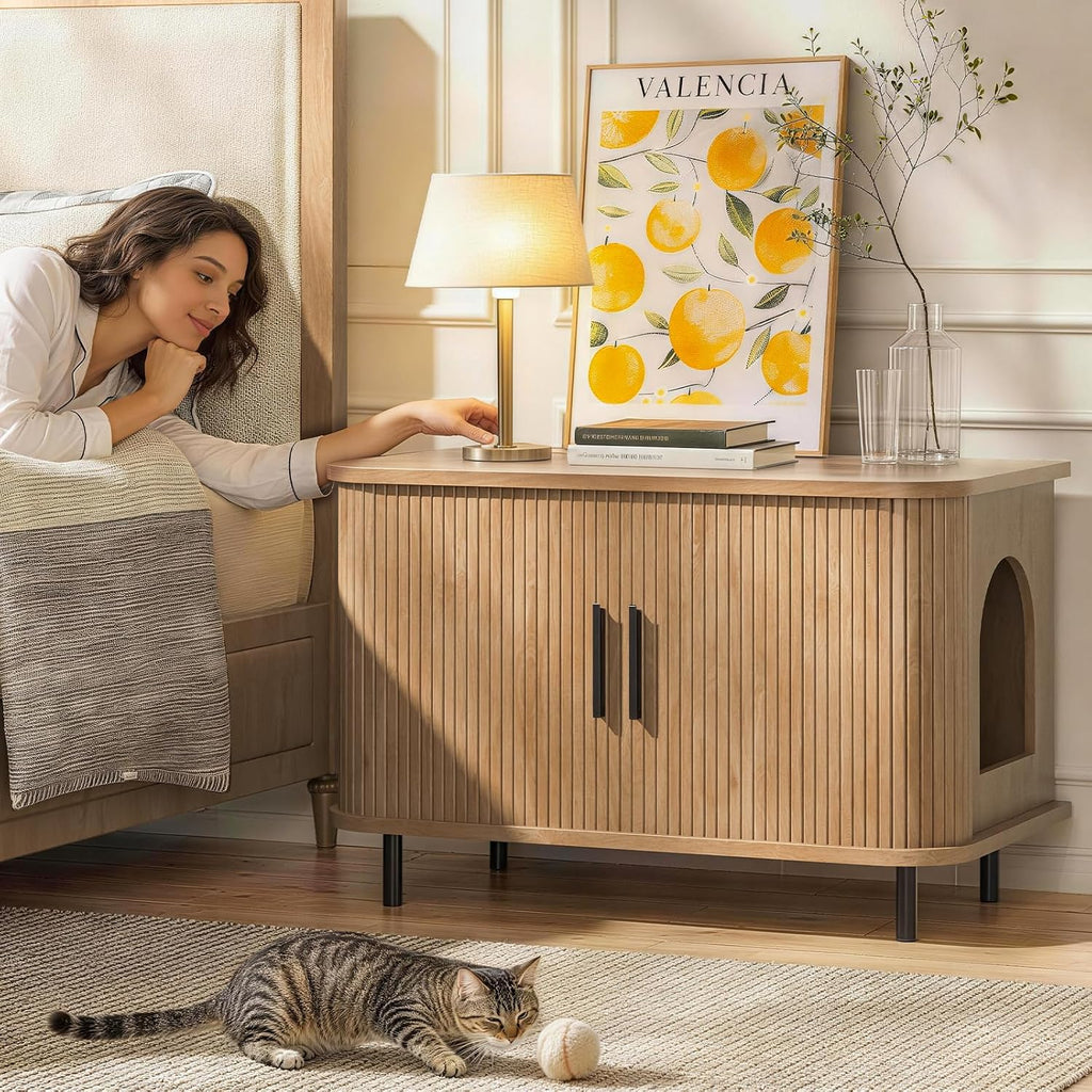 Cat Litter Box Enclosurea with Tambour Sliding Door (Oak)