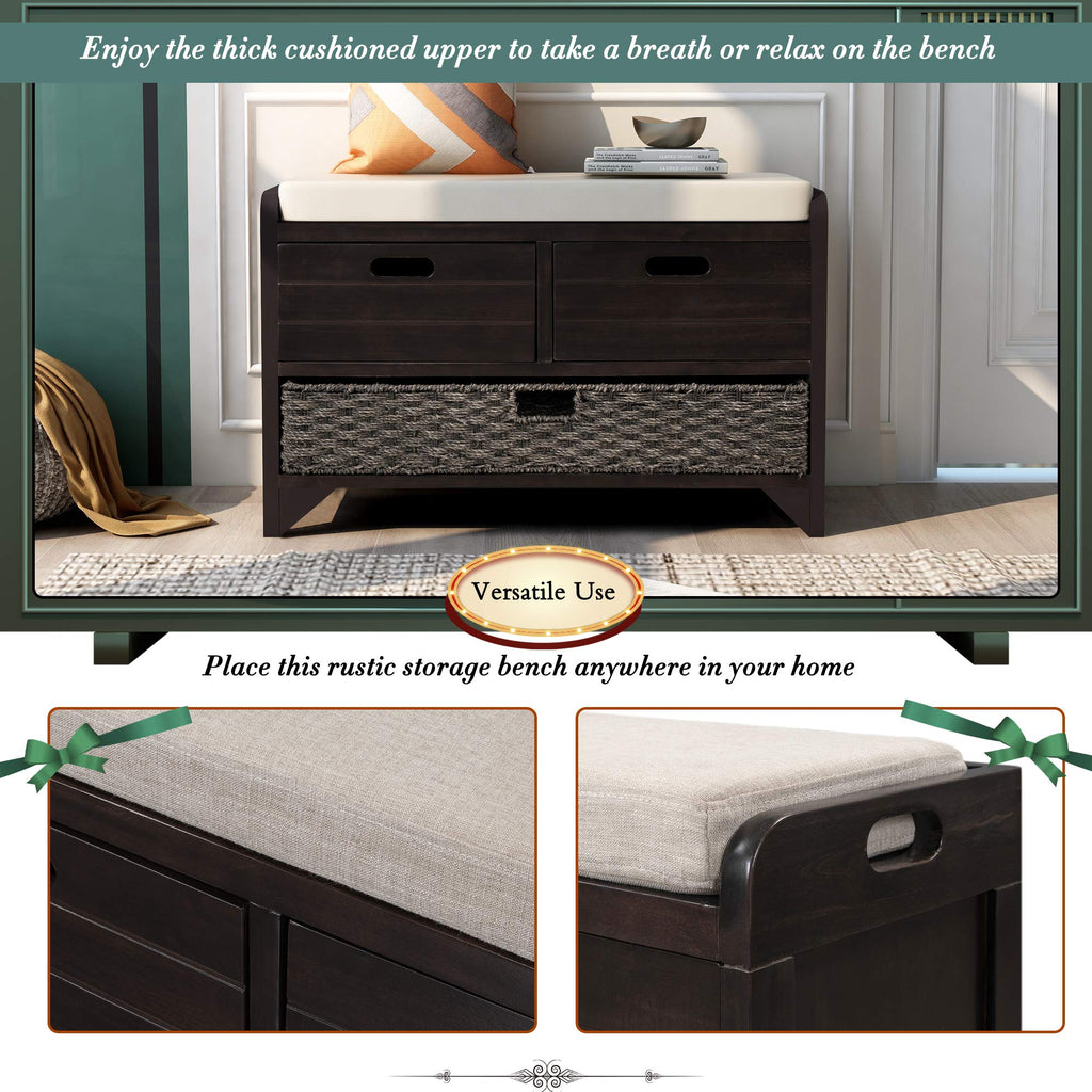 Farmhouse Wood Shoe Bench with Storage and Seat Cushion Hallway Front Door Espresso