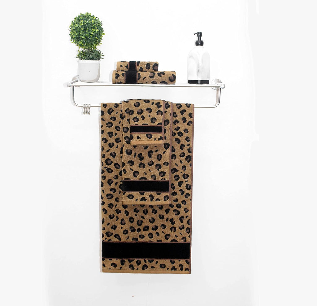 6 Piece Towel Set - 100% Cotton Animal Print Safari Towels | Soft Absorbent Leopard Cheetah Jacquard Bathroom Towels