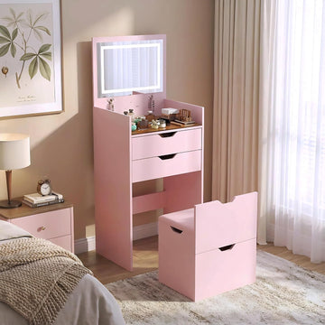 3-in-1 Vanity with Mirror and Lights, Modern Compact Vanity Table with 3 Storage Drawer, Small Makeup Vanity Desk