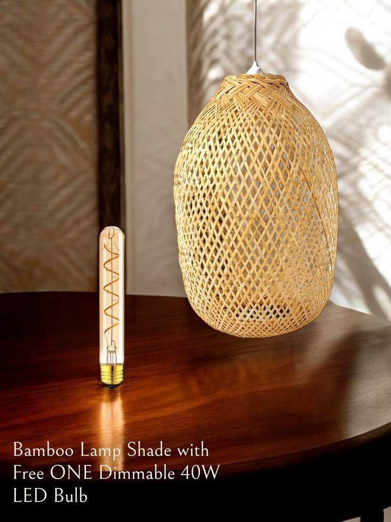 Bamboo Bulb Guard Lamp Cage for Pendant Lights, Rustic Vintage Bamboo Lamp Shade with FREE Dimmable 40W LED Bulb