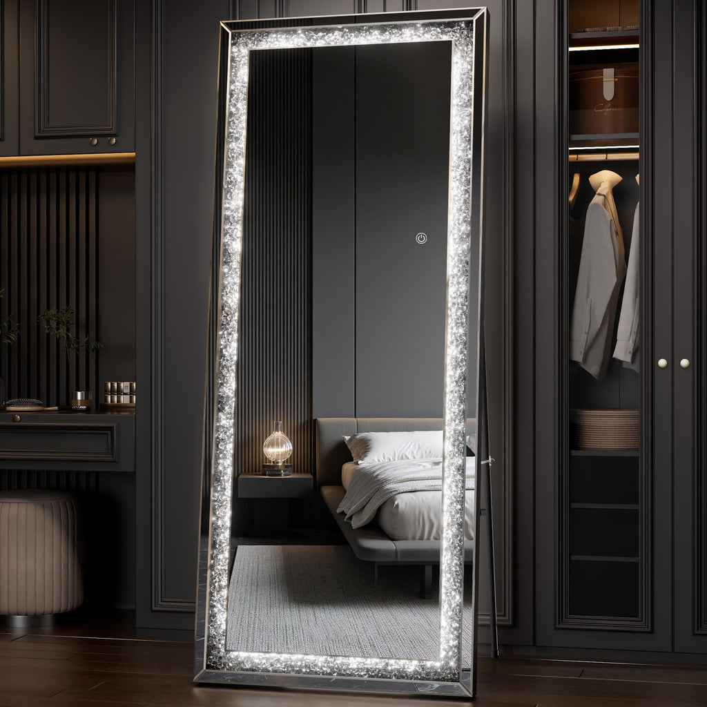 69"×26" Full-Length Mirror with Lights - Crystal Crush Diamond Wall Mounted Hanging Diamond Mirror Leaning Bedroom
