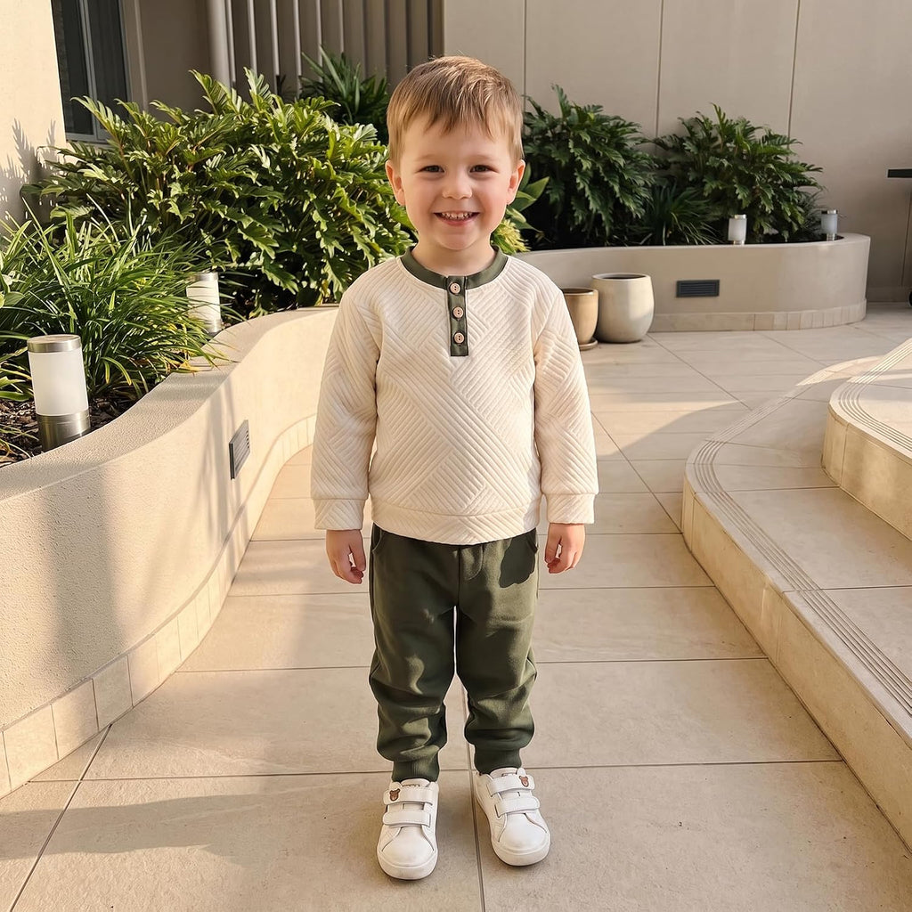 Toddler Boy Fall Winter Clothes Button Crewneck Sweatshirt and Pants Sets