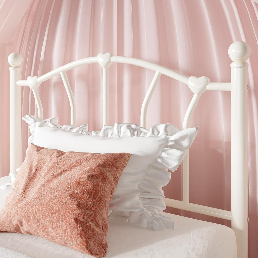 Metal Twin Bed Frame for Kids, Heart-Shaped Design, Cream White | 14 Inch Iron-Art Plarform Bed with