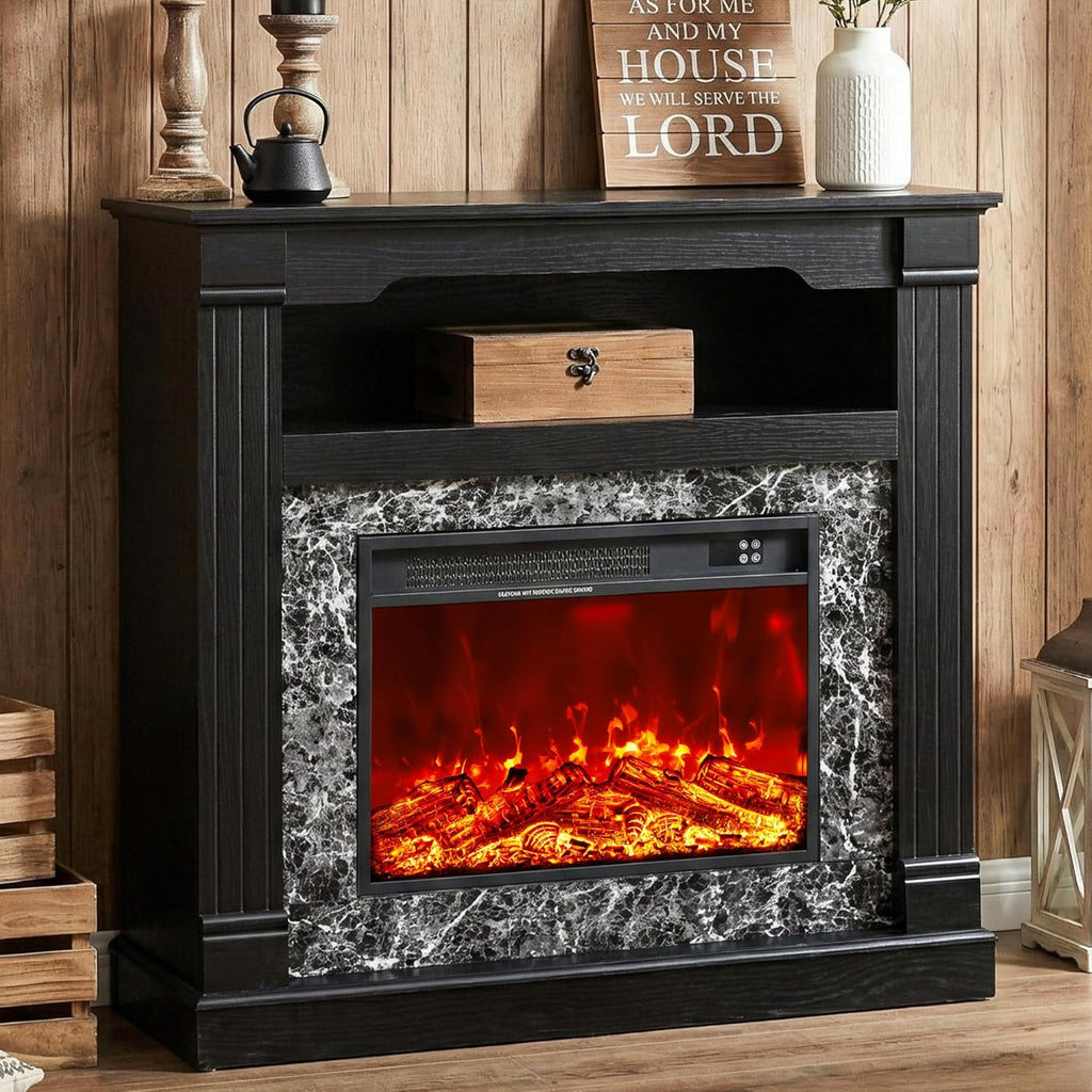 40 Inch Electric Fireplace with Mantel, 23 Inch Freestanding Fireplace Heater, 4800 BTU Heating, LED Flame, Overheat Protection and Remote Control, Black Wood Grain