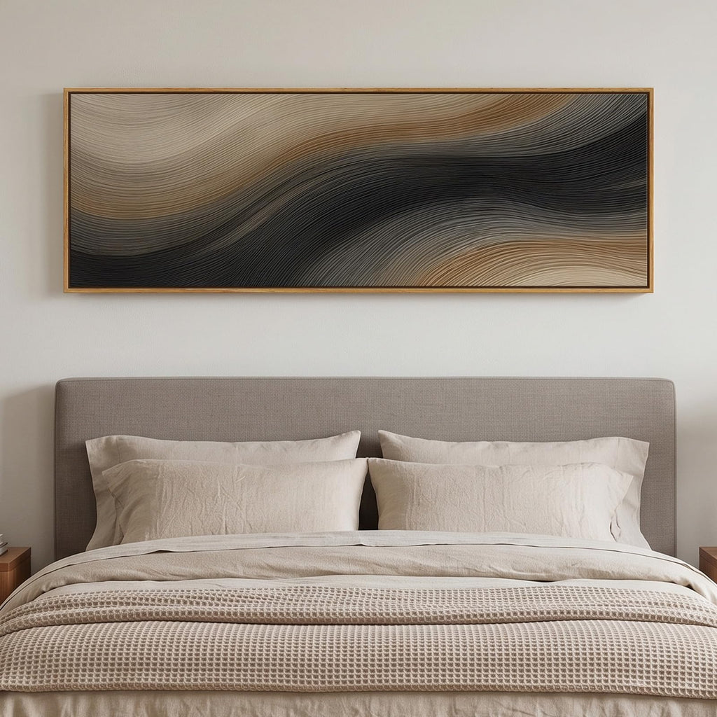 Large Framed Neutral Black Brown Abstract Wall Art 60x20 In