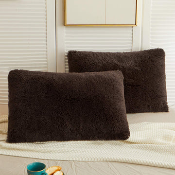 Fluffy Faux Fur Standard Pillow Cases Set of 2, Dark Brown