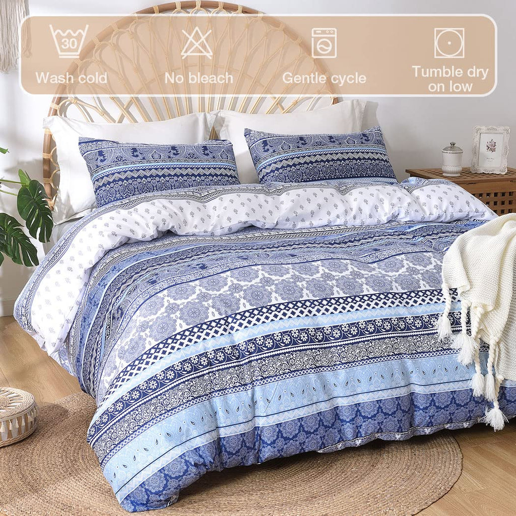 Reversible Boho Duvet Cover Queen Size, Blue and White Geometric