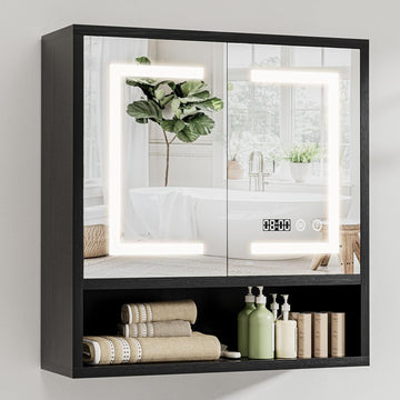 Bathroom Medicine Cabinet with Mirror, Lighted Wall Storage Cabinet, Black | 24" x 24" Modern LED Bathroom Mirror