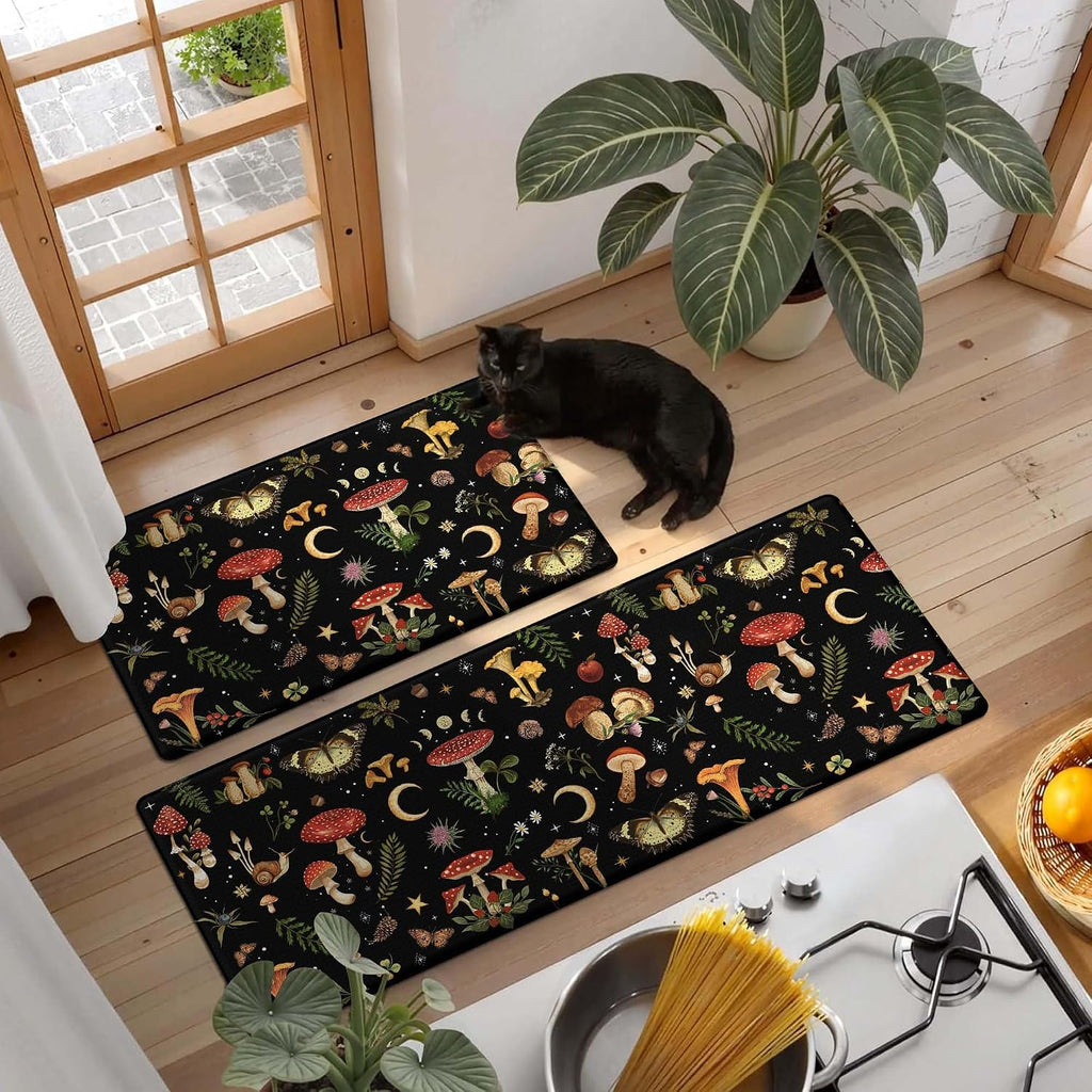 Mushroom Rug Kitchen Mats for Floor Cushioned Anti Fatigue Kitchen Rugs Sets of 2, Non Slip Waterproof Black Kitchen