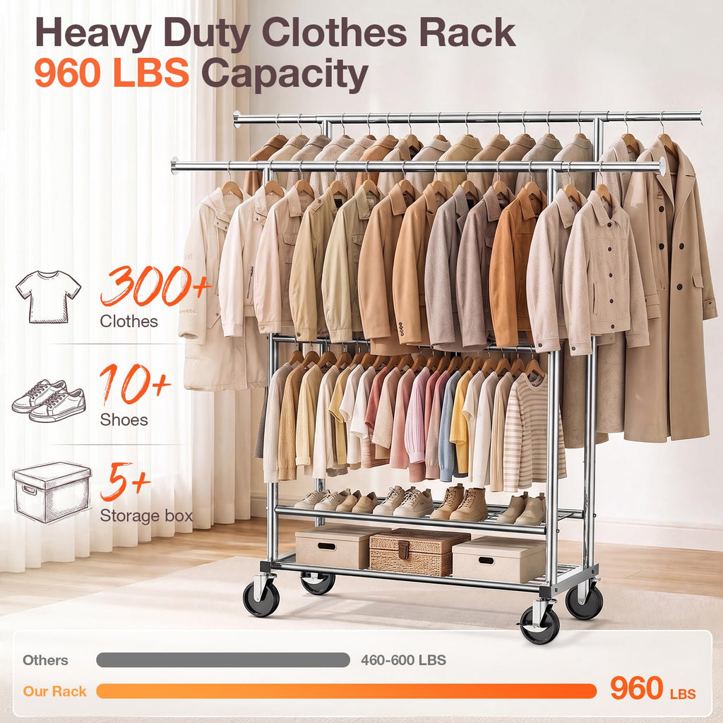 Heavy Duty Clothes Rack Load 960LBS, Adjustable Three Rods Rolling Garment Rack with Double-Layer Bottom Shelf