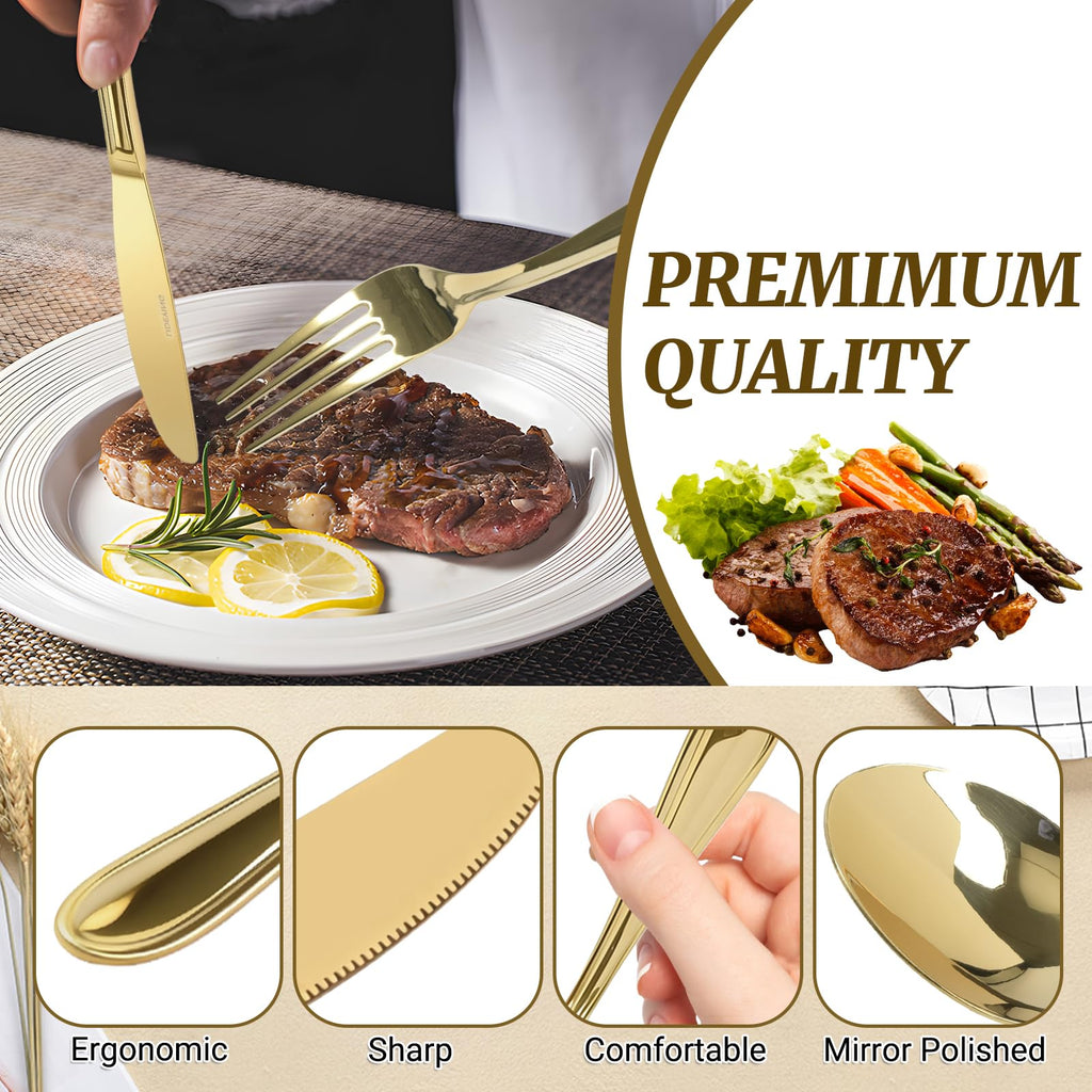 Gold Silverware Set for 8, 18/0 Premium Stainless Steel Flatware Set, Heavy Duty and Modern Design Cutlery Set, Mirror