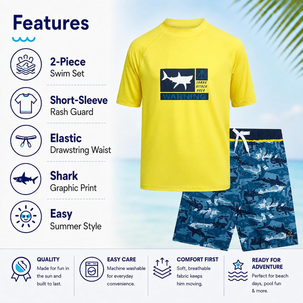 Boys Piece UPF 50 Short Sleeve Rash Guard & Swim Trunks