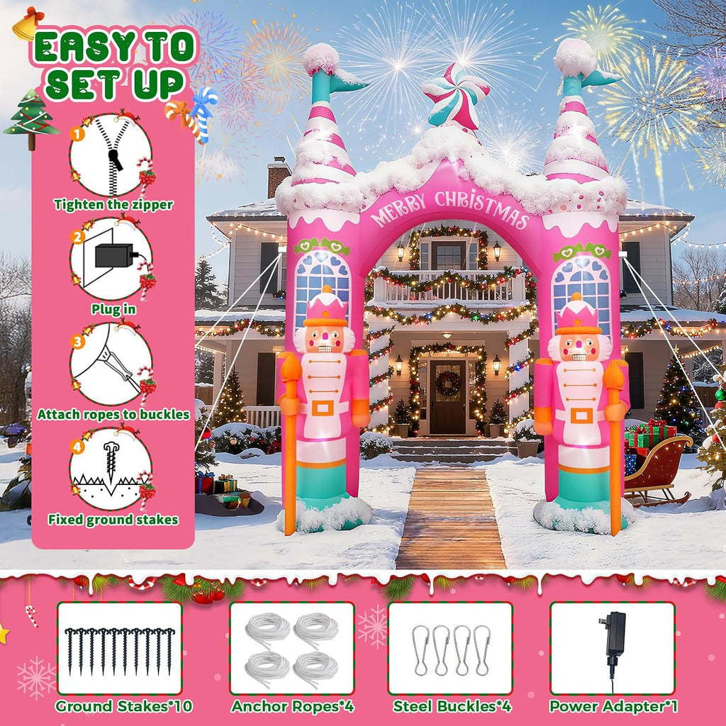 12 FT Giant Christmas Archway Inflatables Nutcracker with LED Lights, Pink Xmas Arch Inflatable Stereoscopic Blow up