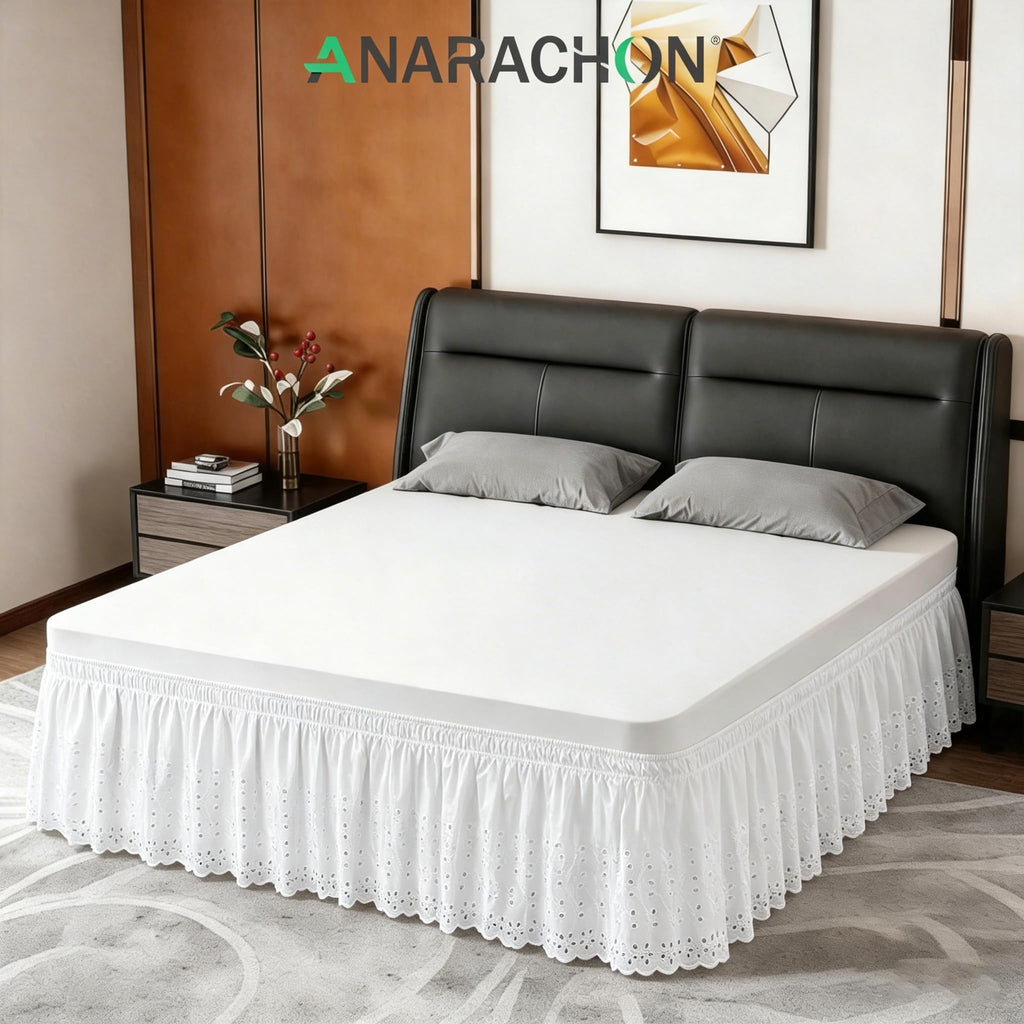 King Bed Skirt, Wrap-Around Elastic Ruffled Eyelet Bed Skirt King Size Dust Ruffle with Gathered Styling and