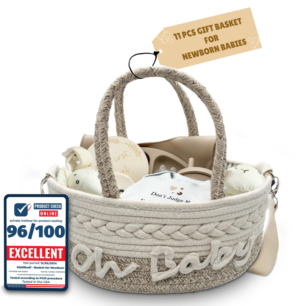 Gift Set | 11 Piece Gender Neutral Newborn Gift Basket for Boys & Girls - Baby Essentials with Plate, Bib, Spoon